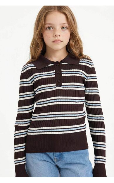 DeFacto Kız Çocuk Regular Fit Polo Yaka Kazak Kahve