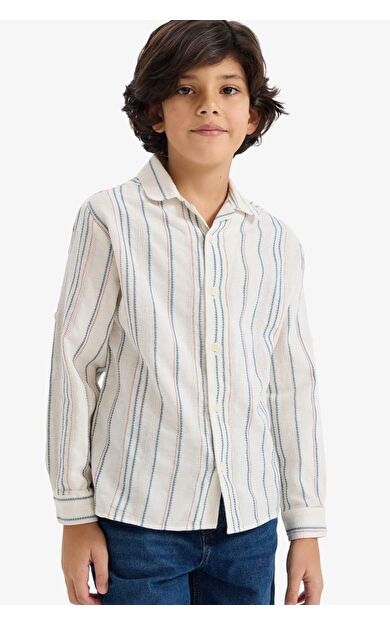 Erkek Çocuk Oversize Geniş Kalıp Polo Yaka Çizgili Uzun Kollu Gömlek