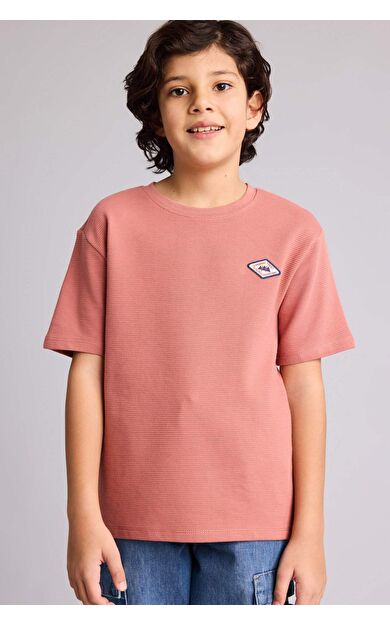 Oversıze Geniş Kalıp Bisiklet Yaka Aplike Kısa Kollu Tişört Erkek Çocuk