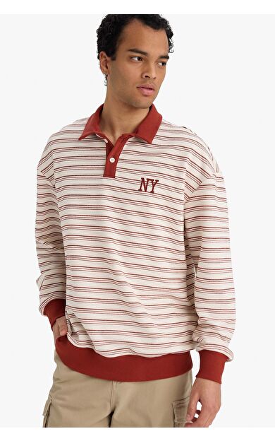 DeFacto Boxy Fit Polo Yaka Baskılı Çizgili Sweatshirt