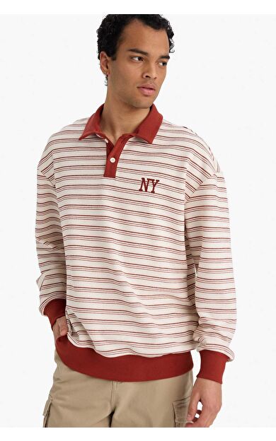 Boxy Fit Polo Yaka Baskılı Çizgili Sweatshirt