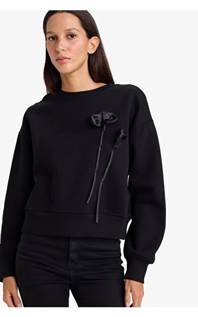 DeFacto Boxy Fit Bisiklet Yaka Aplike Kalın Sweatshirt Kumaşı Sweatshirt