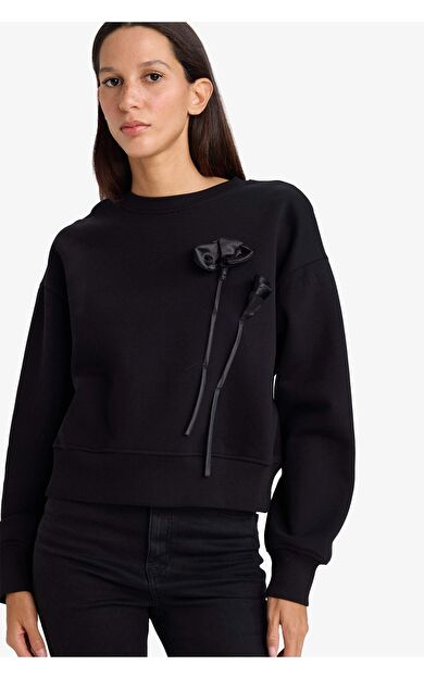 Boxy Fit Bisiklet Yaka Aplike Kalın Sweatshirt Kumaşı Sweatshirt