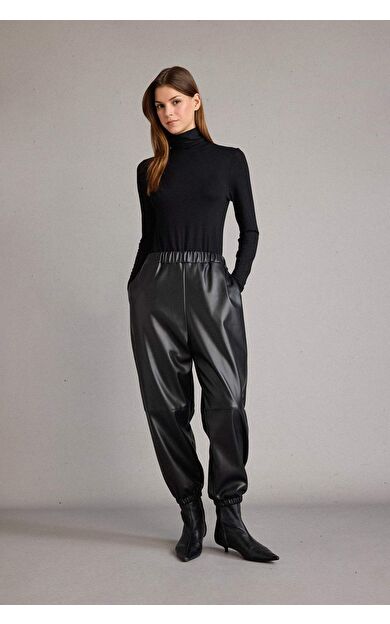 Balloon Fit Beli Lastikli Suni Deri Pantolon