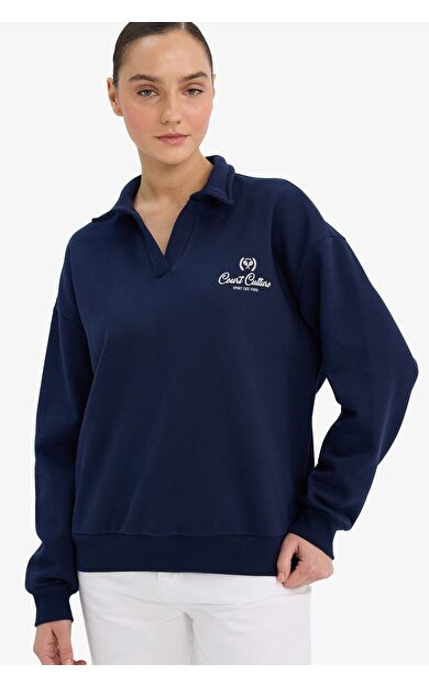 DeFacto Relax Fit Polo Yaka Baskılı Kalın Sweatshirt Kumaşı Sweatshirt