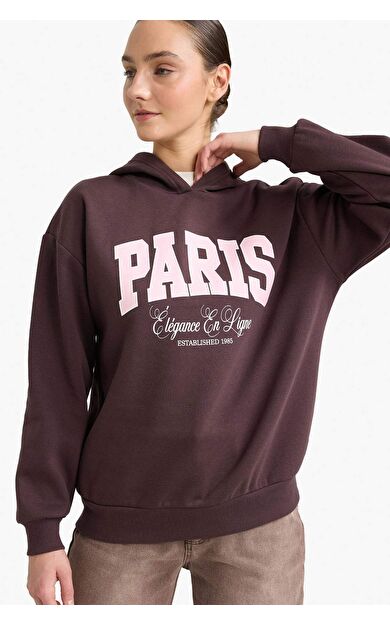 Relax Fit Kapüşonlu Puf Baskılı Kalın Sweatshirt Kumaşı Sweatshirt