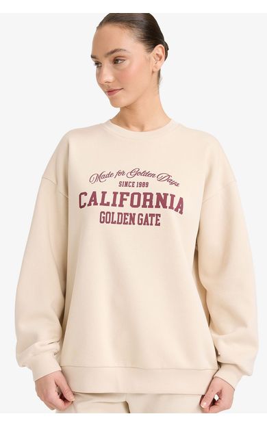 DeFacto Oversıze Baskılı Sweatshirt Bej