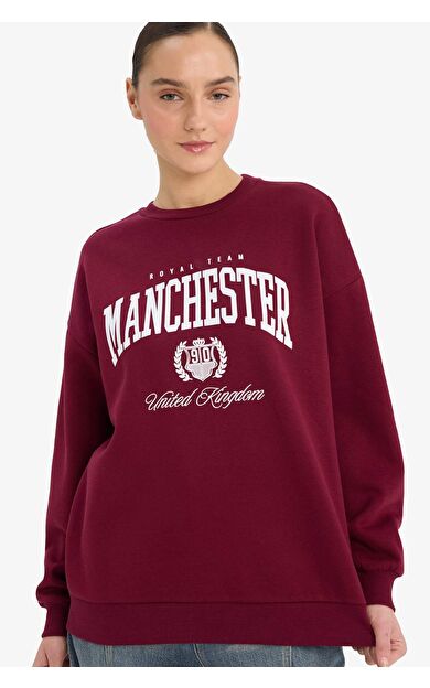 DeFacto Oversize Geniş Kalıp Bisiklet Yaka Baskılı Kalın Sweatshirt Kumaşı Sweatshirt