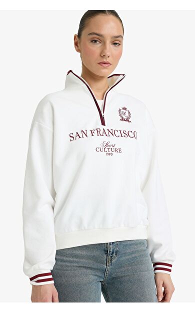 DeFacto Relax Fit Polo Yaka Baskılı Kalın Sweatshirt Kumaşı Sweatshirt