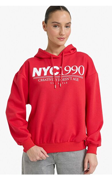 DeFacto Relax Fıt Kapüşonlu Baskılı Kalın Sweatshirt Kumaşı Sweatshirt
