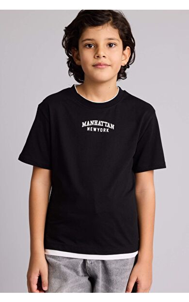 New Regular Fıt Bisiklet Yaka Baskılı Kısa Kollu Tişört Erkek Çocuk