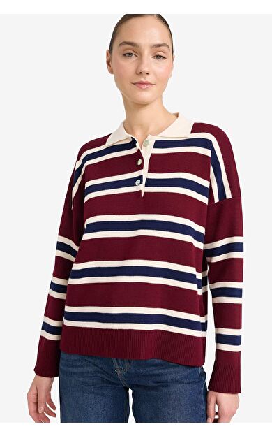 Oversize Geniş Kalıp Polo Yaka Çizgili Kazak