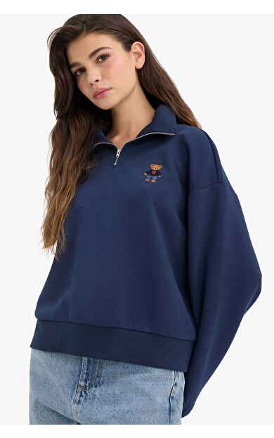 DeFacto Oversize Geniş Kalıp Yarım Fermuarlı Hayvan Baskılı Kalın Kumaş Sweatshirt
