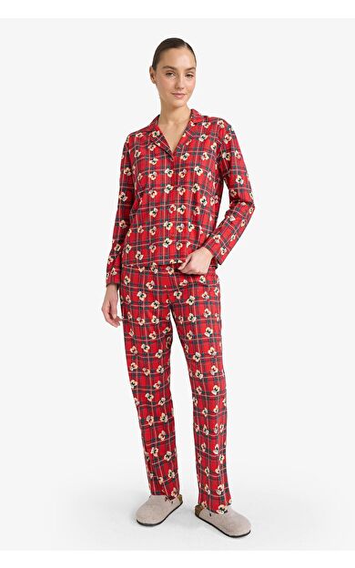 DeFacto Pijama Takımı Regular Fit Ayıcık Desenli Kareli Uzun Kollu Üst Uzun Alt