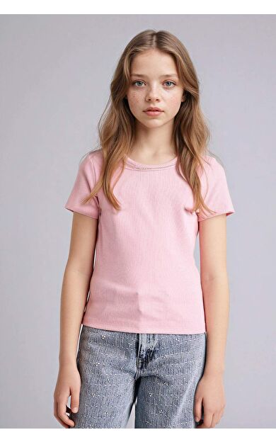 Kayık Yaka Fitilli Kaşkorse Kısa Kollu Tişört Kız Çocuk