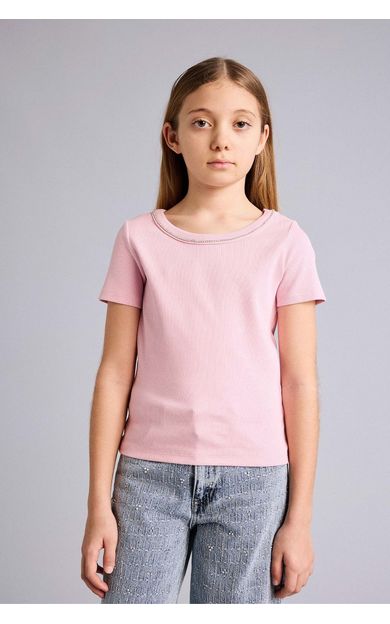 DeFacto Kayık Yaka Fitilli Kaşkorse Kısa Kollu Tişört Kız Çocuk Pembe G7234A826SMPN86