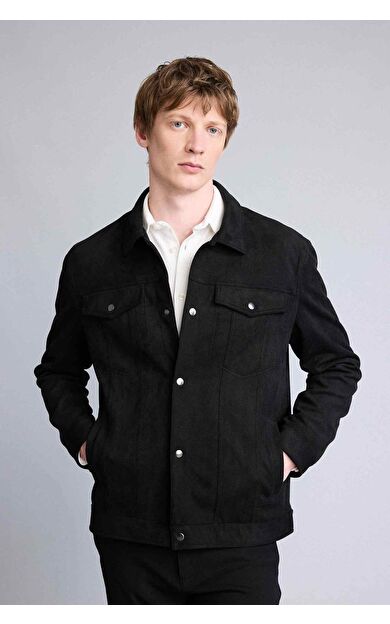 Slım Fıt Polo Yaka Astarlı Fermuarlı Süet Mont