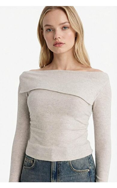 Fitted Açık Omuz Fitilli Kaşkorse Uzun Kollu Tişört