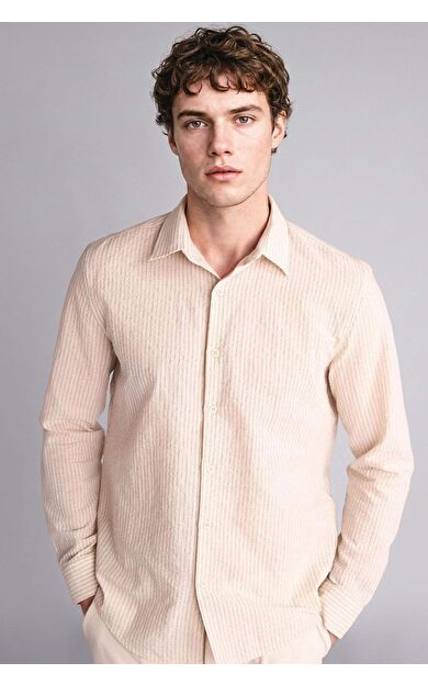 DeFacto Modern Fıt Gömlek Yaka Çizgili Twill Uzun Kollu Gömlek