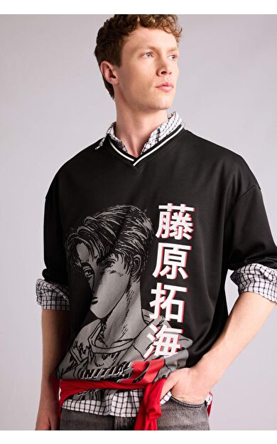 Inıtıal D Loose Fıt Baskılı Kısa Kollu Tişört