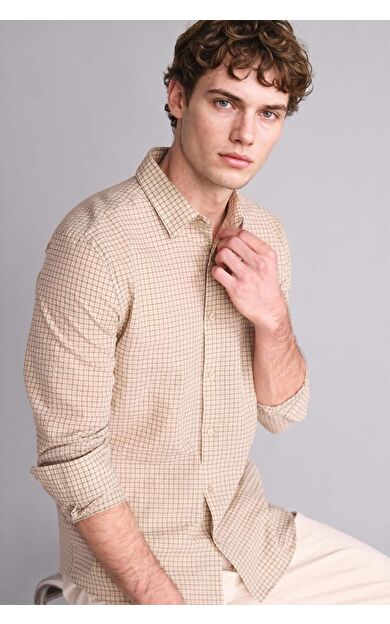 DeFacto Modern Fıt Gömlek Yaka Kareli Twill Uzun Kollu Gömlek