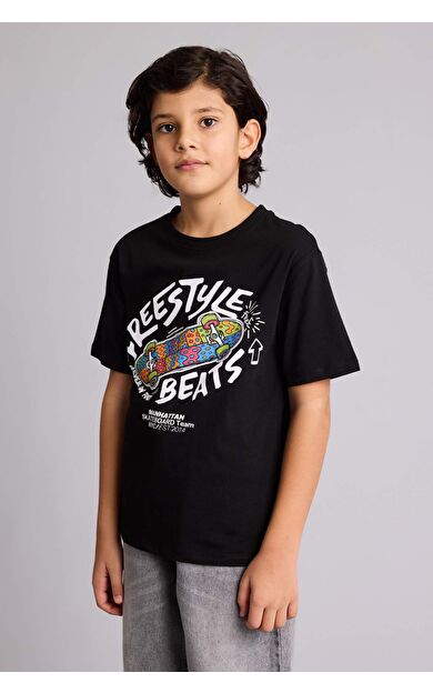 New Regular Fıt Bisiklet Yaka Baskılı Kısa Kollu Tişört Erkek Çocuk