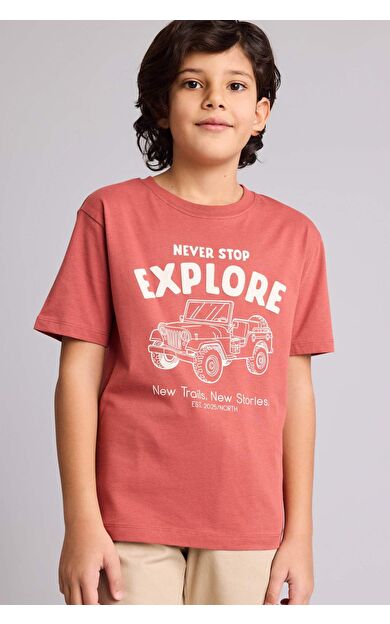 New Regular Fıt Bisiklet Yaka Baskılı Kısa Kollu Tişört Erkek Çocuk