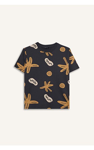 New Regular Fıt Bisiklet Yaka Floral Kısa Kollu Tişört Erkek Çocuk