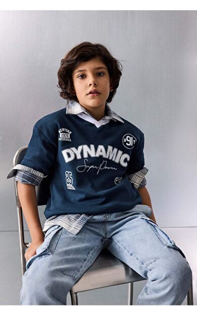 Oversıze Geniş Kalıp Apaş Yaka Slogan Baskılı Kısa Kollu Polo Tişört Erkek Çocuk