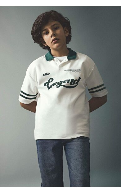 Oversıze Polo Yaka Slogan Baskılı Kısa Kollu Polo Tişört Erkek Çocuk