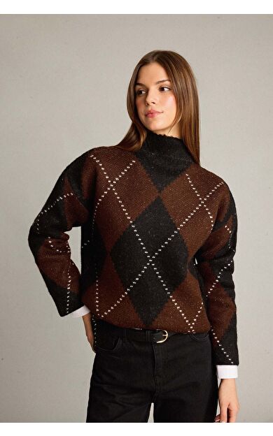 DeFacto Overshirt Fit Yarım Balıkçı Yaka Baklava Desenli Triko Kazak