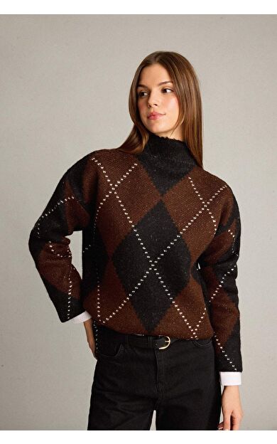 Overshirt Fit Yarım Balıkçı Yaka Baklava Desenli Triko Kazak