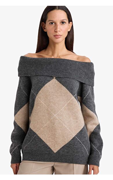 Oversize Geniş Kalıp Açık Omuz Baklava Desenli Triko Kazak