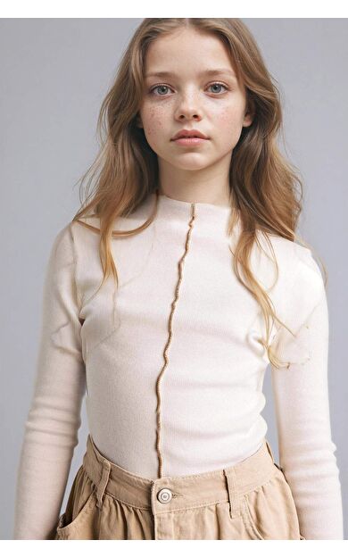 Regular Fıt Yarım Balıkçı Yaka Ribana Uzun Kollu Tişört Kız Çocuk