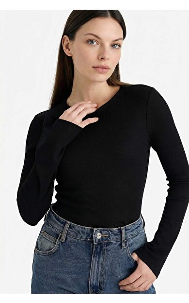 Slim Fit Dar Kesim Bisiklet Yaka Fitilli Kaşkorse Uzun Kollu Tişört