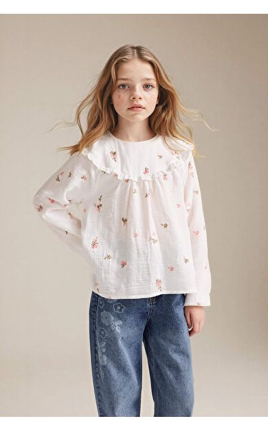 Regular Fıt Müslin Uzun Kollu Bluz Kız Çocuk