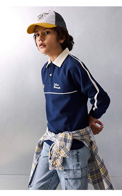 Oversıze Geniş Kalıp Polo Yaka Baskılı Uzun Kollu Polo Tişört Erkek Çocuk