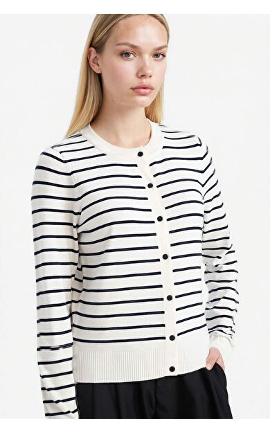 Regular Fıt Bisiklet Yaka Çizgili Hırka