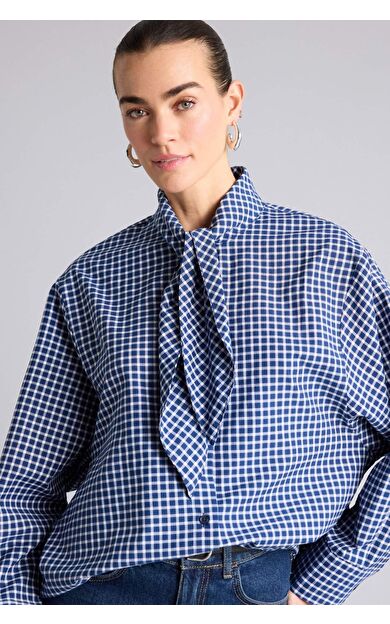 DeFacto Oversıze Fular Yaka Kareli Poplin Uzun Kollu Gömlek