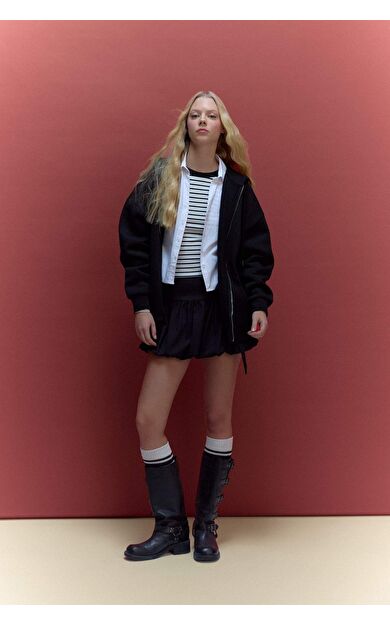 Balloon Fit Çizgili Normal Bel Penye Astar Mini Etek