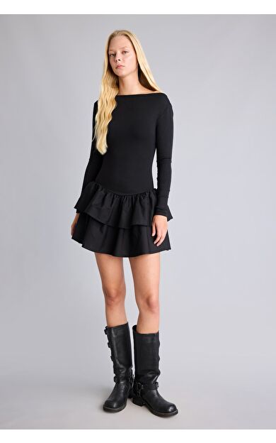 DeFacto Balloon Fıt Ribana Mini Elbise Siyah