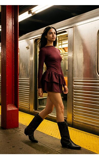 Balloon Fıt Bisiklet Yaka Ribana Uzun Kollu Mini Elbise