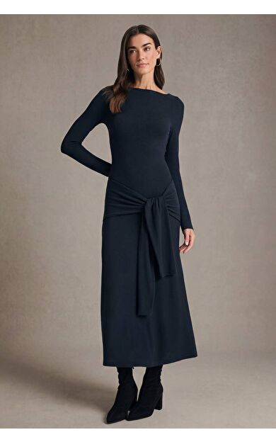 Bodycon Vücudu Saran Bisiklet Yaka Penye Uzun Kollu Midi Elbise