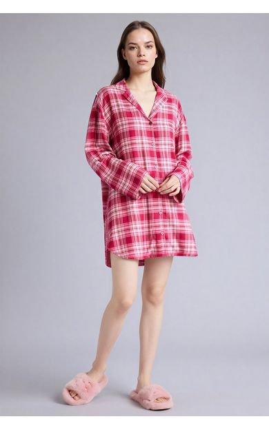 DeFacto Regular Fıt Pijama Yaka Flanel Uzun Kollu Elbise