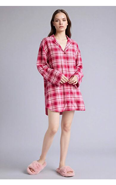 DeFacto Regular Fıt Pijama Yaka Flanel Uzun Kollu Elbise