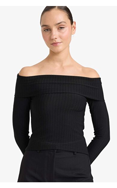 Slim Fit Dar Kesim Açık Omuz Pamuklu Uzun Kollu Tişört