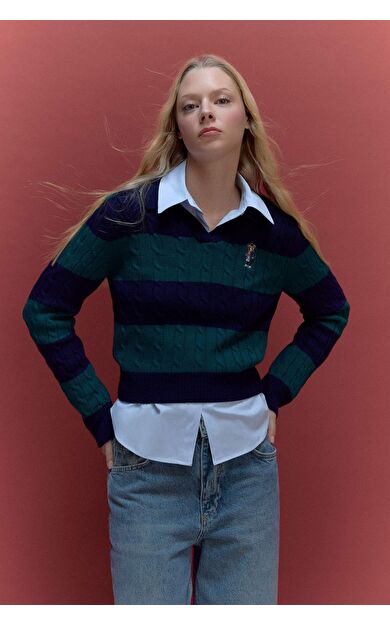 Regular Fit Polo Yaka Çizgili Kazak