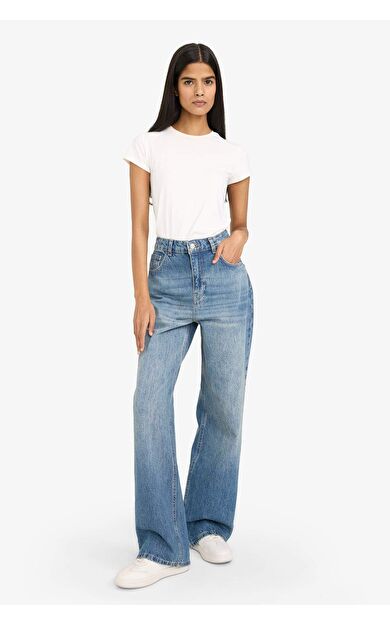 90's Wide Leg Yüksek Bel Uzun Jean Yıkamalı Pantolon