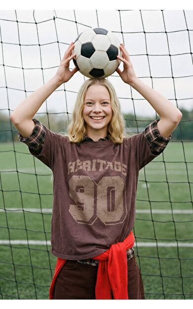 Oversıze Geniş Kalıp Bisiklet Yaka Spor Baskılı Kısa Kollu Tişört