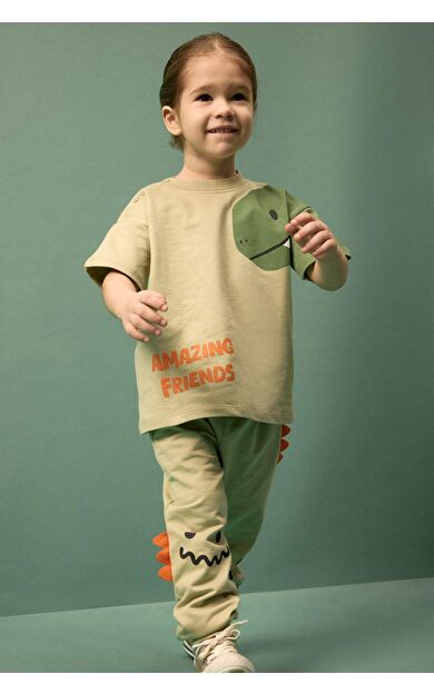 Dinozor Baskılı Sweatshirt Kumaşı 2'li Takım Erkek Bebek